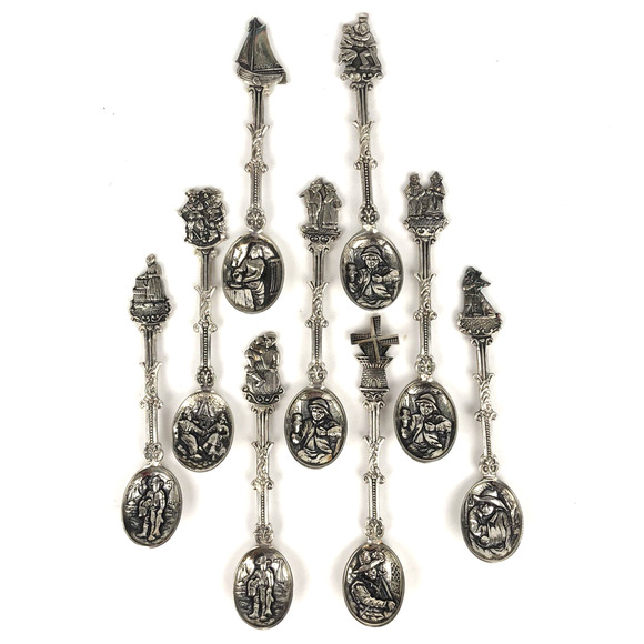 VTG Set of 9 Ornate Demitasse Spoons Figural Repousse Holland S AN 90 - Picture 1 of 9